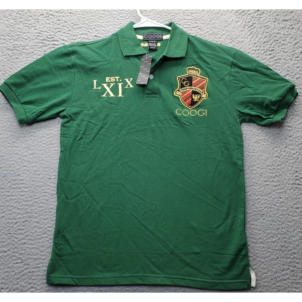 Vtg COOGI Country Club Polo Shirt Youth Medium Green Crest Logo‎ Slit Collared
